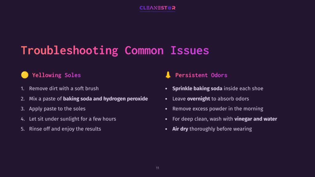 A Purple Slide With White Text Outlining Solutions For Yellowing Soles And Persistent Odors In Shoes, Featuring Icons For Emphasis.