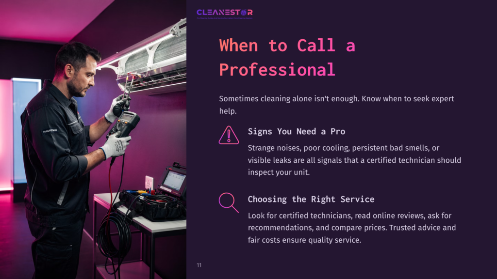 11 When To Call A Professional A Technician Inspects A Portable Air Conditioner With Tools In A Dimly Lit, Purple Room, Emphasizing The Importance Of Professional Help.