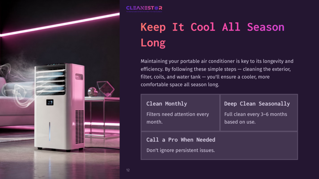 12 Keep It Cool All Season Long A Portable Air Conditioner Stands Prominently On A Purple Background, Accompanied By Text Outlining Maintenance Tips In A Clean, Modern Layout.