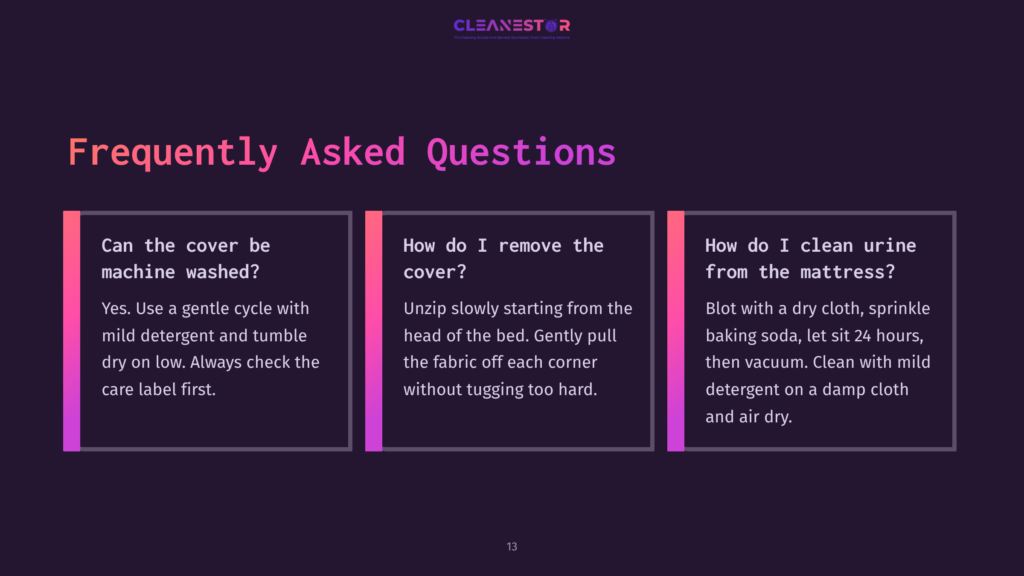 Three Text Boxes With White And Pink Fonts On A Dark Purple Background, Outlining Faqs About Washing And Removing A Mattress Cover.