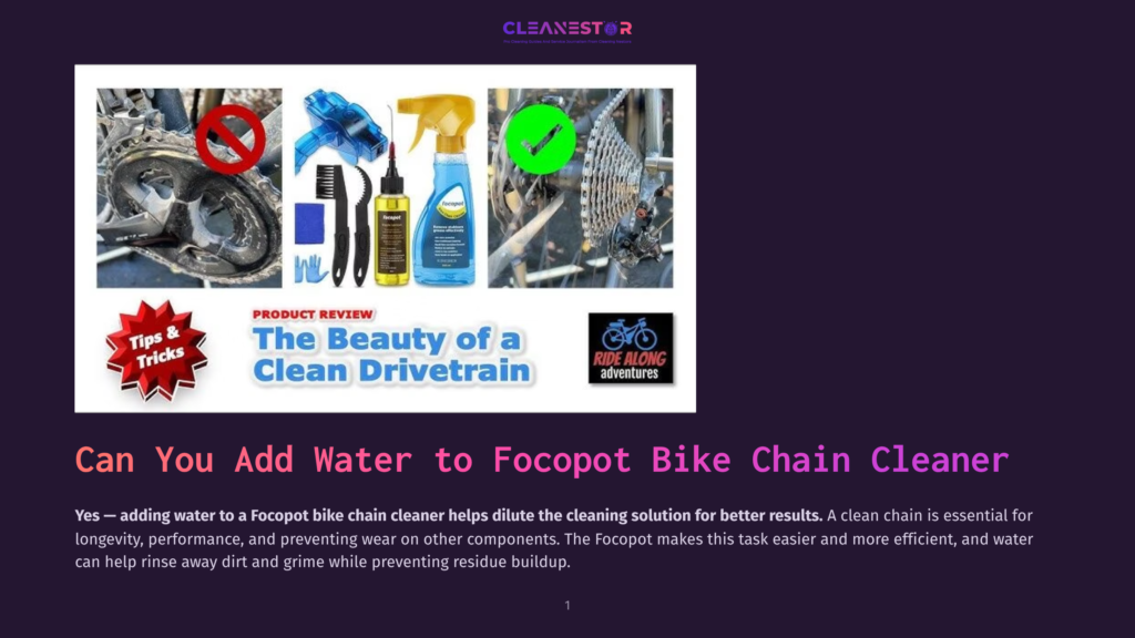 Product Review Image Showing Bicycle Drivetrain Cleaning Tools: A Brush, A Spray Bottle Labeled &Quot;Focopot,&Quot; And A Chain Cleaner Device. Text Reads &Quot;The Beauty Of A Clean Drivetrain.