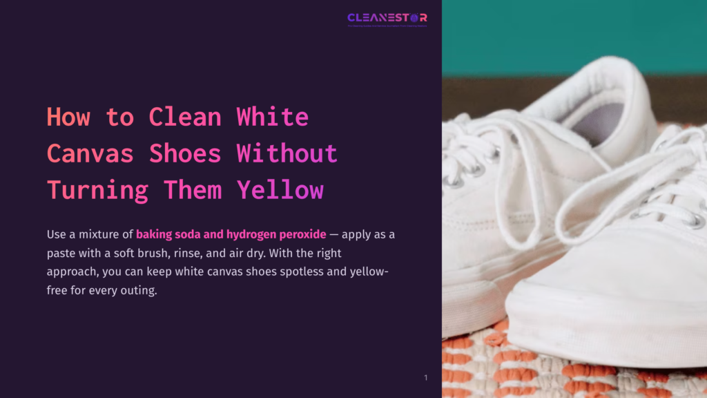 Close-Up Of White Canvas Shoes On A Turquoise Background, Highlighting Their Clean Design And Texture, With A Few Cleaning Supplies Nearby.