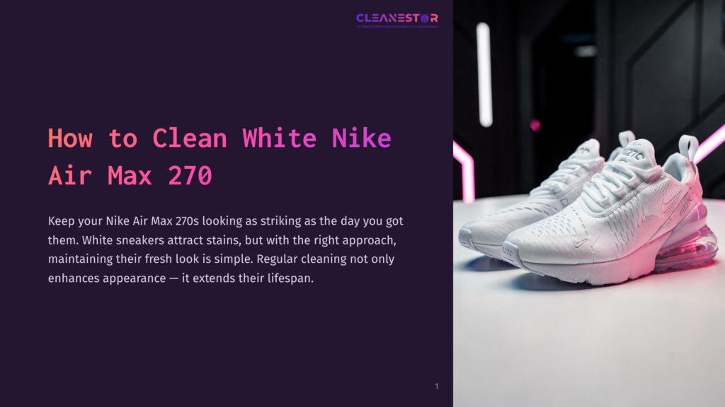 A Pair Of Clean White Nike Air Max 270 Sneakers Displayed Against A Dark Background With Vibrant Pink Lighting Accents.