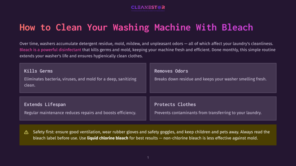 Infographic Titled &Quot;How To Clean Your Washing Machine With Bleach&Quot; Detailing Benefits Like Killing Germs, Removing Odors, Extending Lifespan, And Protecting Clothes, With A Safety Warning About Using Liquid Chlorine Bleach.