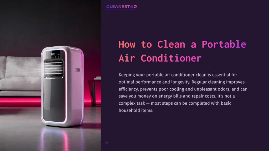 1 How To Clean A Portable Air Conditioner 1 A Modern White Portable Air Conditioner With A Sleek Design, Positioned Against A Dark Purple Background With Text Outlining Cleaning Tips.