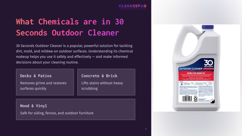 A White Plastic Bottle Of 30 Seconds Outdoor Cleaner Concentrate Is Shown. Text On The Label Reads &Quot;30 Seconds Outdoor Cleaner Concentrate&Quot; And &Quot;Amazing Clean, Done In Easy.&Quot; The Bottle Is Positioned On The Right Side Of The Image, Next To A Graphic Design With Text About The Product'S Benefits For Decks, Patios, Concrete, Brick, And Wood.