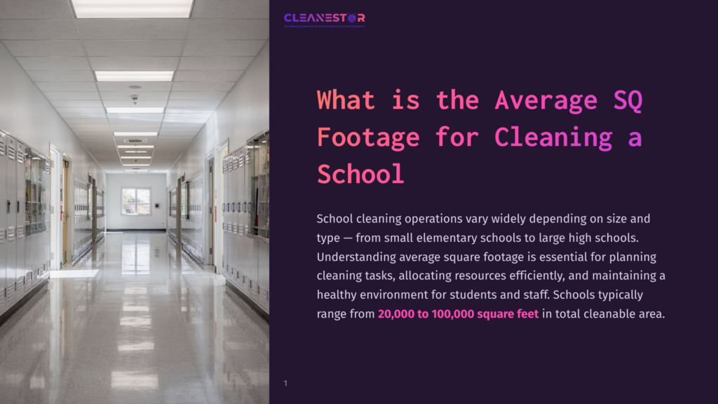 Cleanestor Logo And Text: &Quot;What Is The Average Sq Footage For Cleaning A School?&Quot; Over A Long, Well-Lit School Hallway With Lockers Lining The Walls.