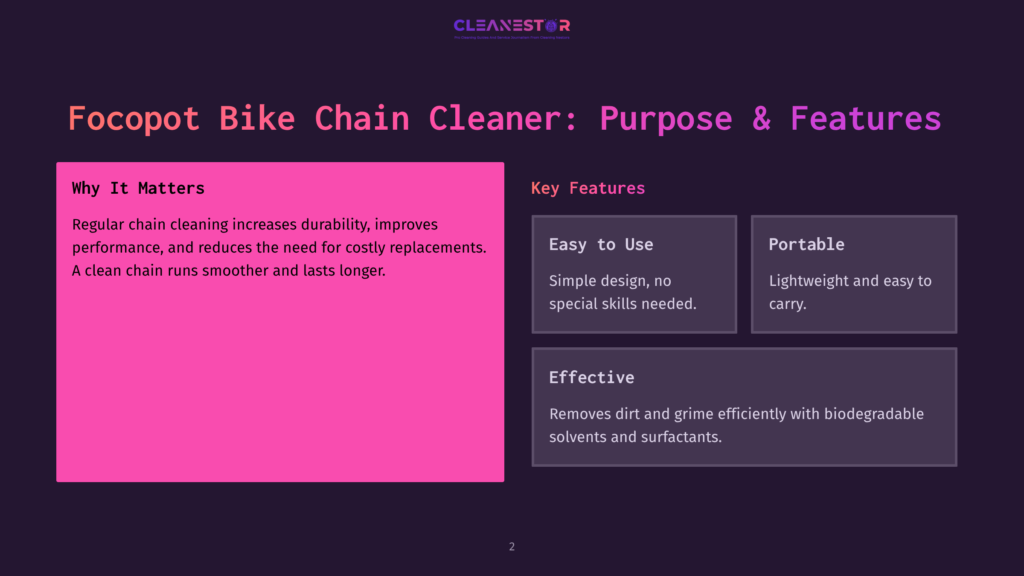 Focopots Bike Chain Cleaner: Purpose &Amp; Features Slide With Text Detailing &Quot;Why It Matters&Quot; And &Quot;Key Features&Quot; Like &Quot;Easy To Use&Quot; And &Quot;Effective.