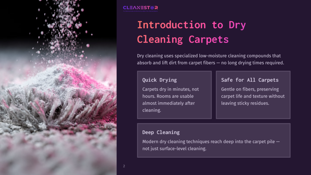 A Close-Up Of Pink Carpet Powder Being Sprinkled, With Text Boxes Outlining Carpet Cleaning Methods, Set Against A Dark Background.