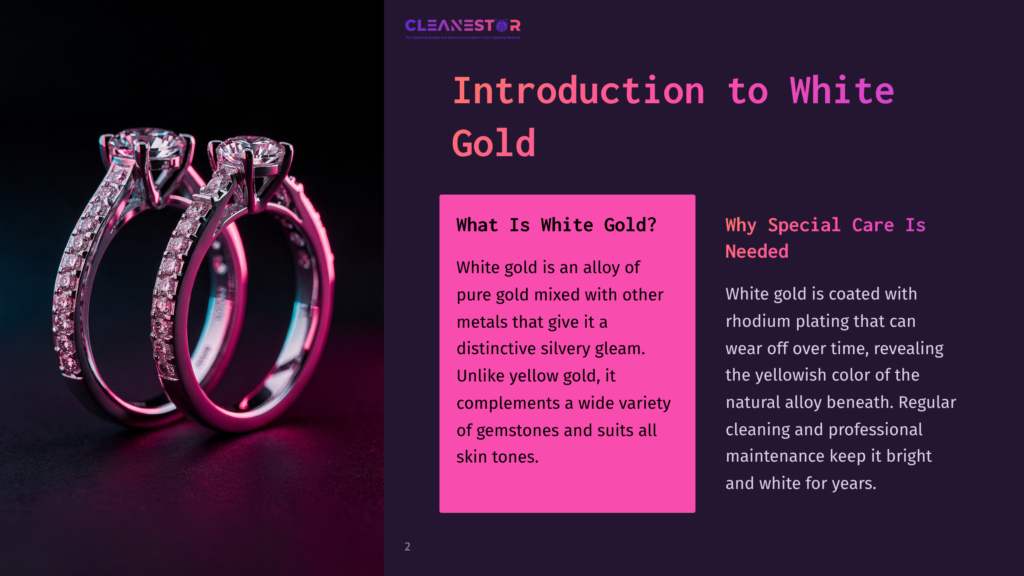Two Elegant White Gold Rings Are Displayed Against A Dark Background, Featuring Sparkling Diamonds And A Subtle Pink Hue.