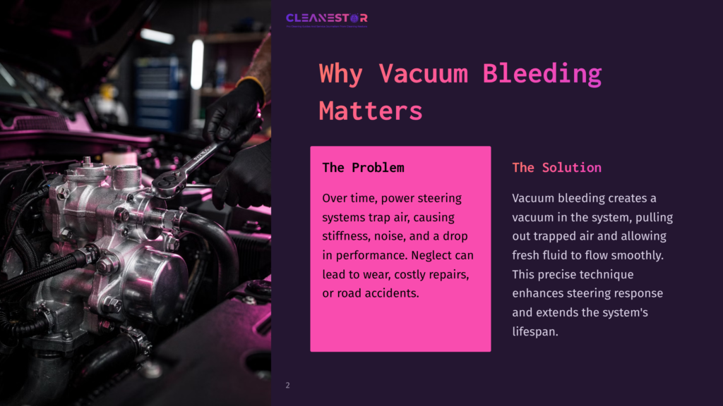 Close-Up Of A Mechanic'S Hands Using Tools On A Power Steering Assembly, With A Dark Background And Highlighted Text On Techniques And Solutions.
