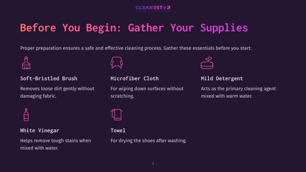 Supplies For Cleaning: Soft-Bristled Brush, Microfiber Cloth, Mild Detergent, White Vinegar, And Towel, Displayed With Labels On A Purple Background.
