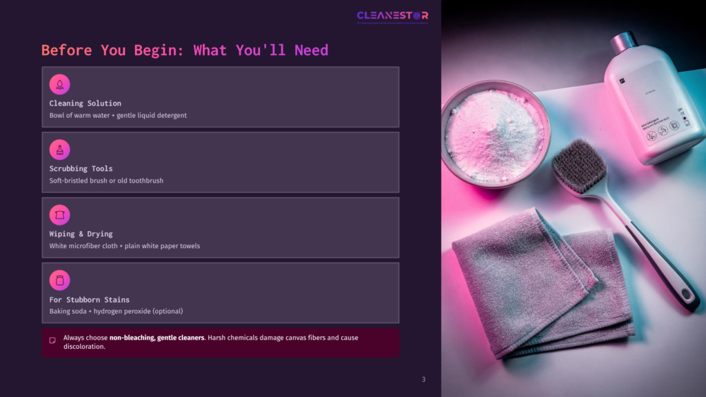 3 Before You Begin What Youll Need A Cleaning Setup With A White Bowl, Scrubbing Brush, Microfiber Cloth, And A Bottle Of Liquid Detergent On A Purple Background.