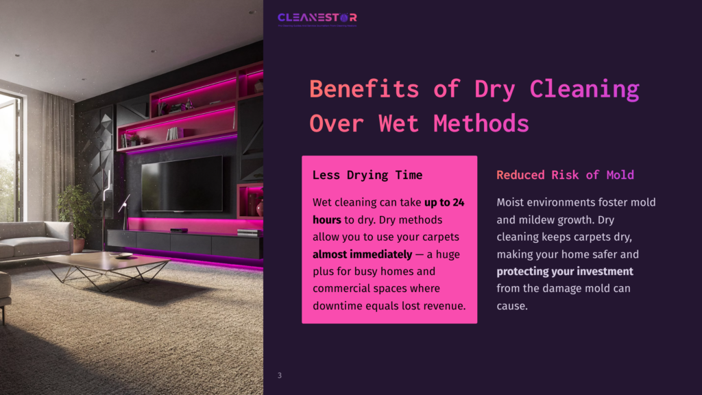 Text On A Dark Background Highlights Benefits Of Dry Cleaning Carpets, With Pink Accents And Modern Decor In The Background.
