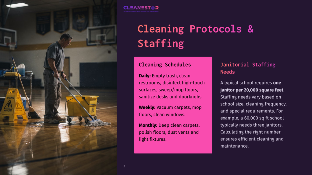 A Janitor In A Blue Shirt And Grey Pants Mops A Polished Wooden Gymnasium Floor With A Yellow Mop Bucket And A Wet Floor Sign Visible. Text Overlays Describe Cleaning Protocols And Janitorial Staffing Needs For Schools.