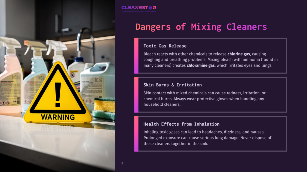A Cleaning Warning Sign With A Yellow Triangle And Exclamation Mark Sits On A Kitchen Counter Next To Cleaning Supplies, With Text Warning About The Dangers Of Mixing Cleaners, Including Toxic Gas Release, Skin Burns, And Health Effects From Inhalation.