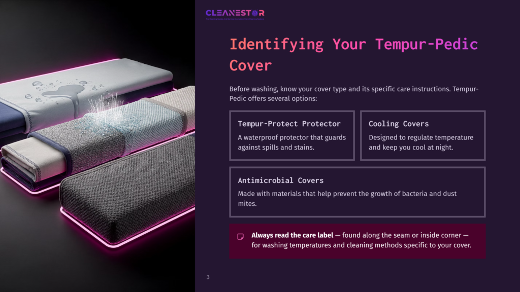 Stylish Mattress Covers In Shades Of Gray And Purple, Featuring Text Outlining Protective Features And Care Instructions.