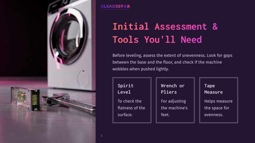 Washing Machine With A Spirit Level, Wrench, And Tape Measure On A Dark Background, Highlighting Tools For Leveling.