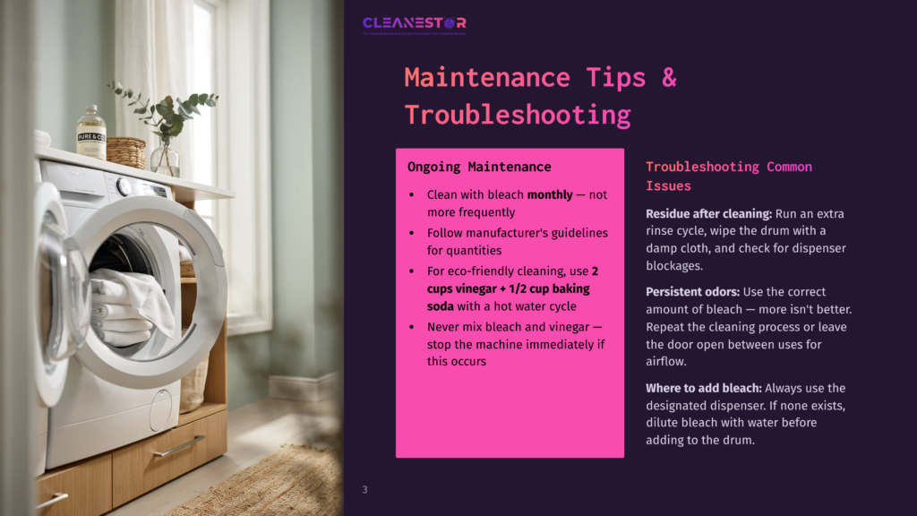 A Front-Loading Washing Machine With A Load Of White Towels Is Open, With A Bottle Of Cleaning Solution And A Plant On A Shelf To The Right. Text Overlay: &Quot;Cleanestor Maintenance Tips &Amp; Troubleshooting&Quot;.