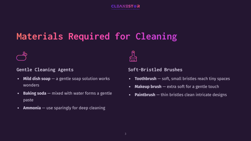 List Of Materials For Cleaning White Gold, Featuring Gentle Cleaning Agents And Soft-Bristled Brushes With Descriptions. Background In Pink And Purple.
