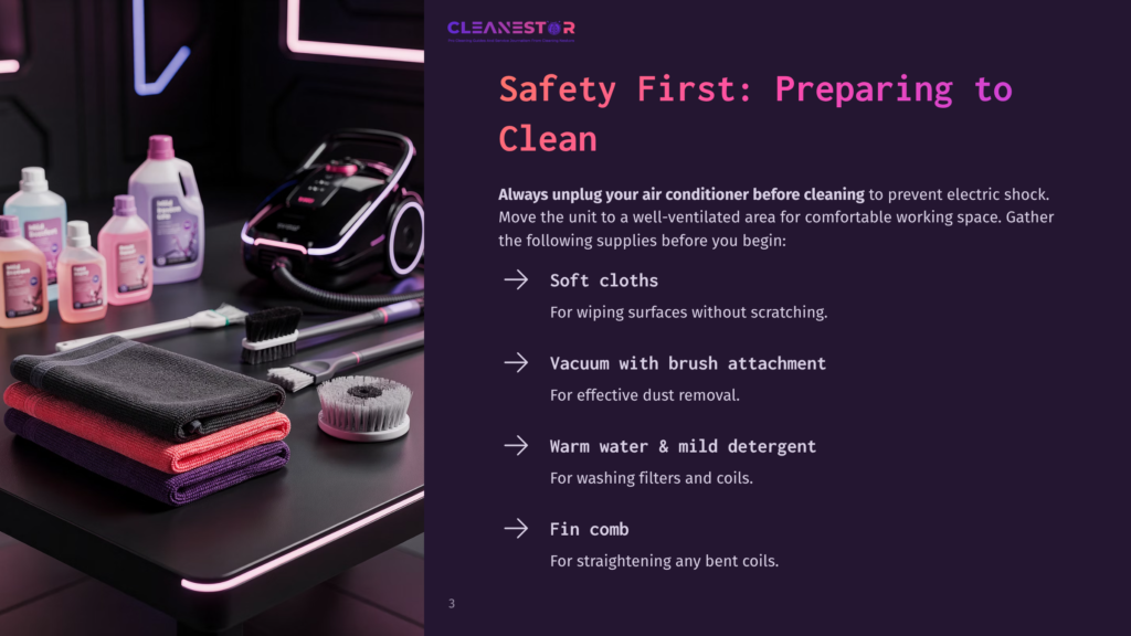3 Safety First Preparing To Clean A Flat Lay Of Cleaning Supplies: Soft Cloths, A Vacuum With A Brush Attachment, Warm Soapy Water, And A Fin Comb On A Dark Background.