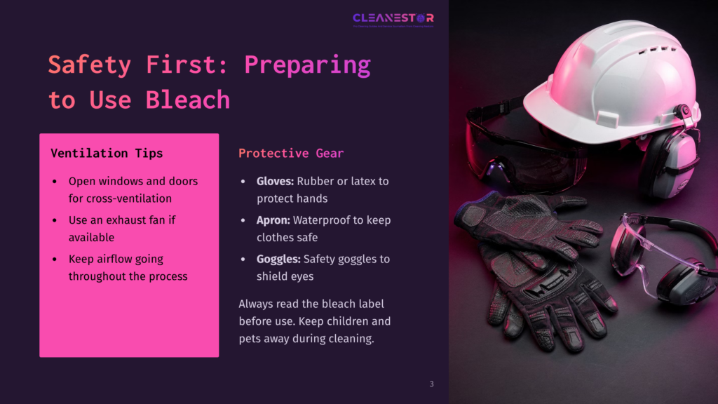A Hard Hat, Safety Goggles, Gloves, And An Apron On A Table With Safety Tips Highlighted In Purple On The Left.