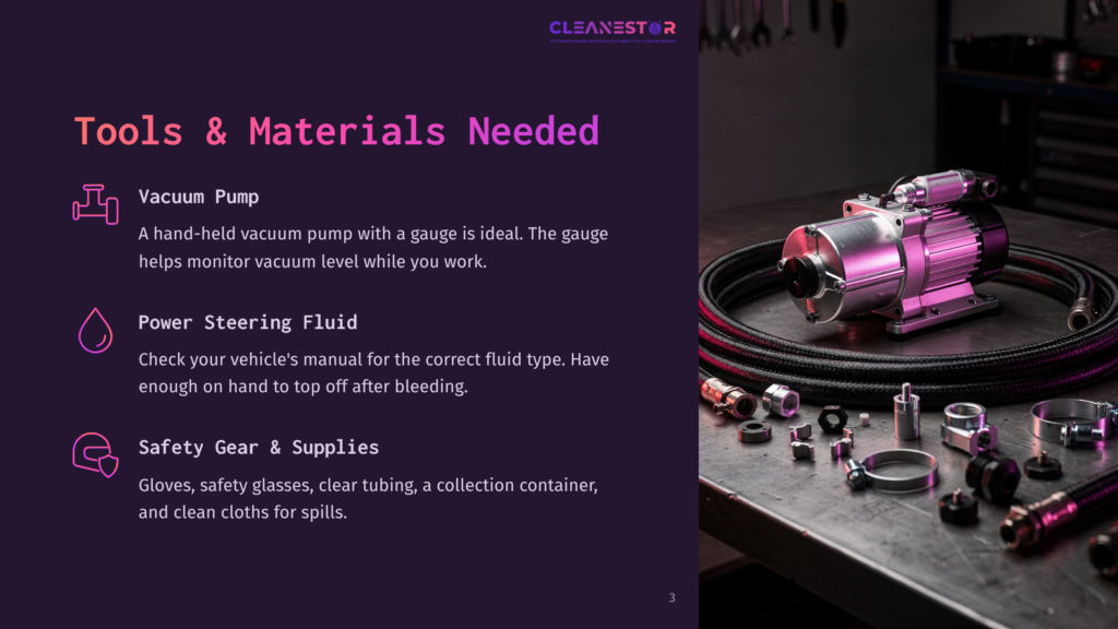 A Vacuum Pump In Metallic Pink And Black Hoses On A Workbench, Alongside Safety Gear, Connectors, And A Container For Power Steering Fluid.