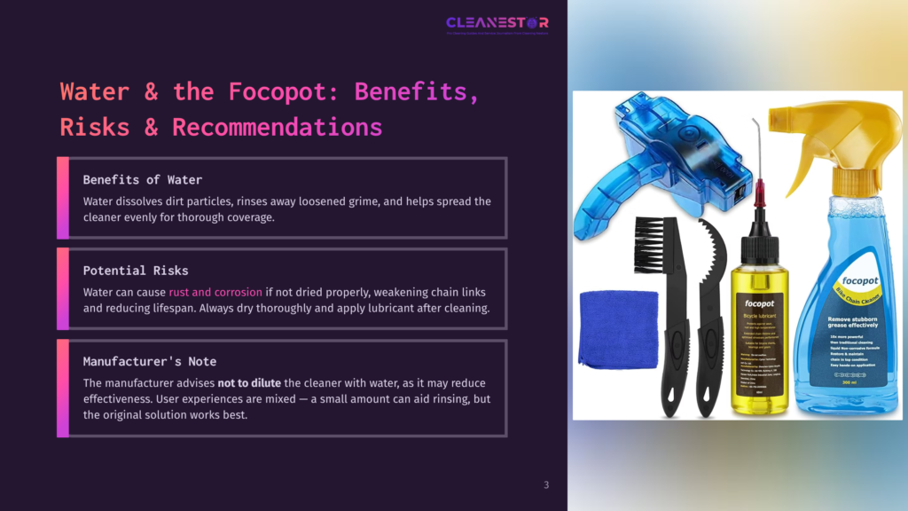 A Bicycle Chain Cleaner Tool, A Bottle Of Focopot Bike Chain Cleaner Lubricant, And A Cleaning Brush Are Arranged On A Blue Cloth. The Focopot Bottle Is Yellow And Blue With The Text &Quot;Focopot Bike Chain Cleaner&Quot; Visible.