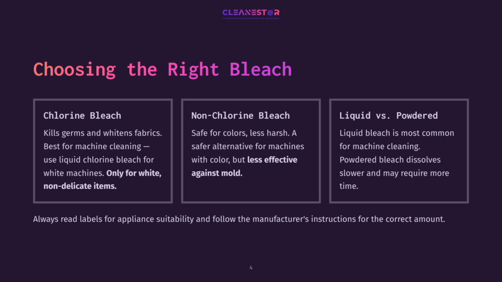 Three Bleach Options Are Displayed Against A Dark Purple Background: Chlorine Bleach, Non-Chlorine Bleach, And Liquid Vs. Powdered, With Key Details Highlighted.