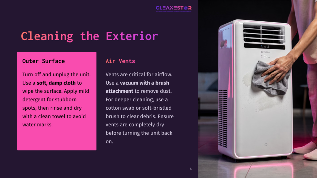 4 Cleaning The Exterior A Person Using A Cloth To Clean The Exterior Of A White Portable Air Conditioner Against A Pink Background With Cleaning Instructions.
