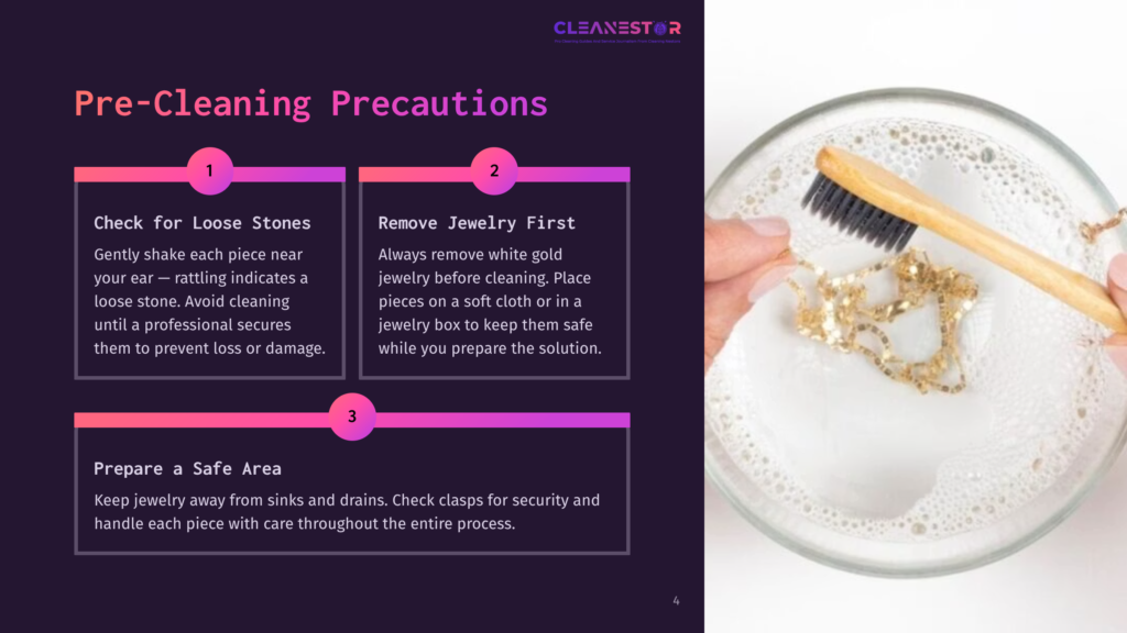 Hand Holding A Small Brush Cleaning A Piece Of Jewelry In A Dish Of Soapy Water, With Text Boxes Outlining Pre-Cleaning Precautions.