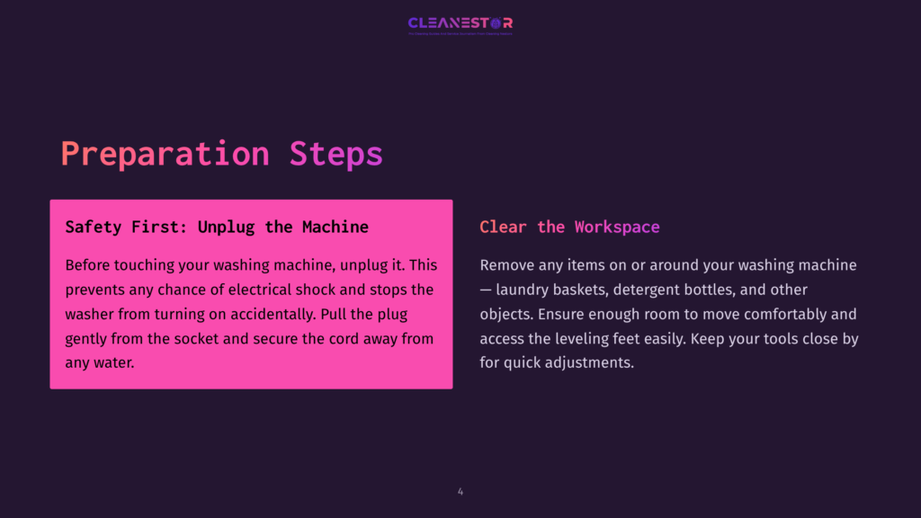Text On A Dark Background, Featuring Pink Safety Tips For Unplugging A Washing Machine And Clearing The Workspace For Adjustments.