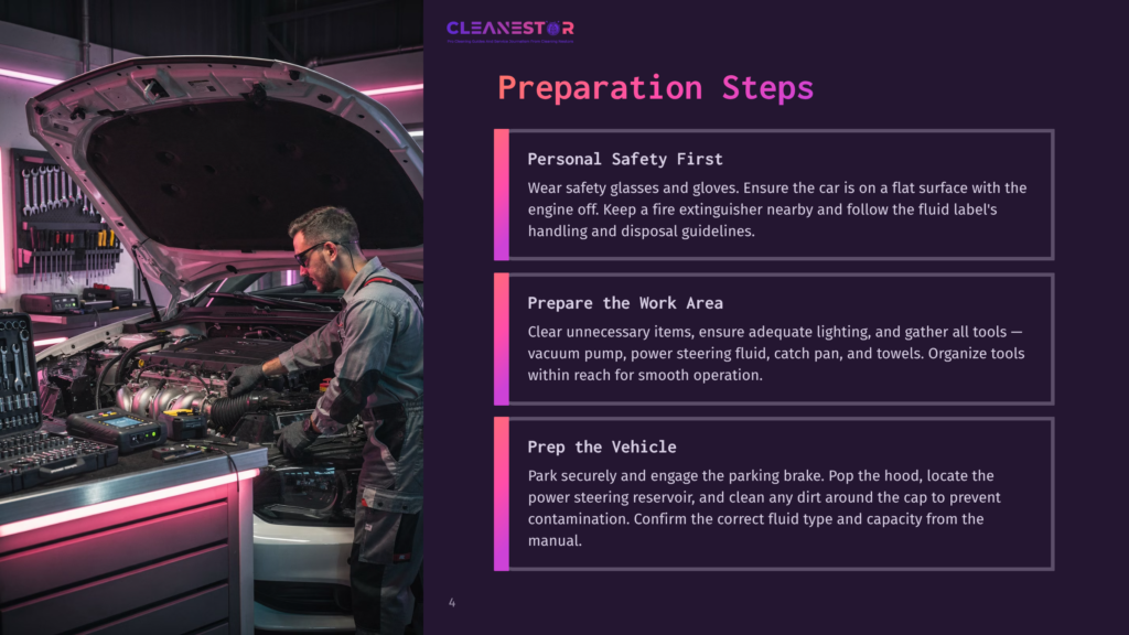 A Mechanic Wearing Safety Glasses Works Under The Hood Of A Car, With Tools And A Purple-Lit Environment, Detailing Preparation Steps.