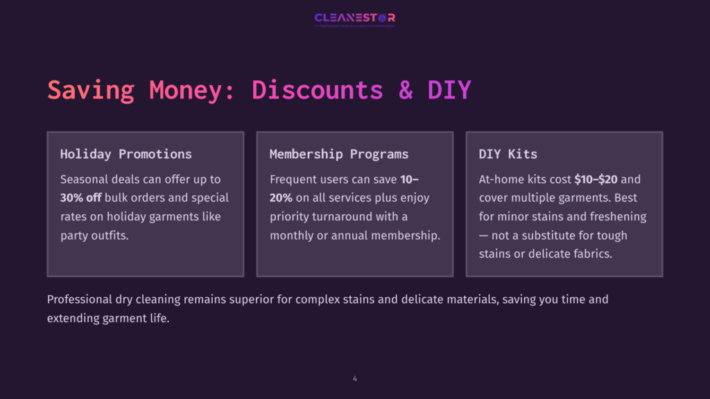 Saving Money: Discounts &Amp; Diy Kits For Professional Dry Cleaning. Learn About Holiday Promotions, Membership Programs, And Diy Kit Savings.