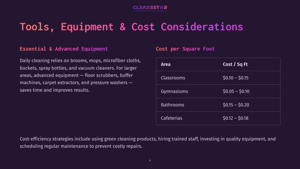 A Dark Purple Slide Titled &Quot;Tools, Equipment &Amp; Cost Considerations&Quot; With The Cleanestor Logo. It Lists Cleaning Supplies, Advanced Equipment, And A Cost Per Square Foot Breakdown For Classrooms, Gymnasiums, Bathrooms, And Cafeterias.