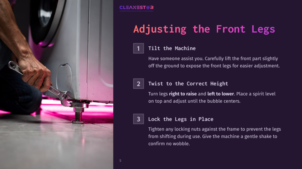 A Washing Machine With Highlighted Front Legs Being Adjusted Using A Wrench. Instructions For Leveling Are Shown On The Side.