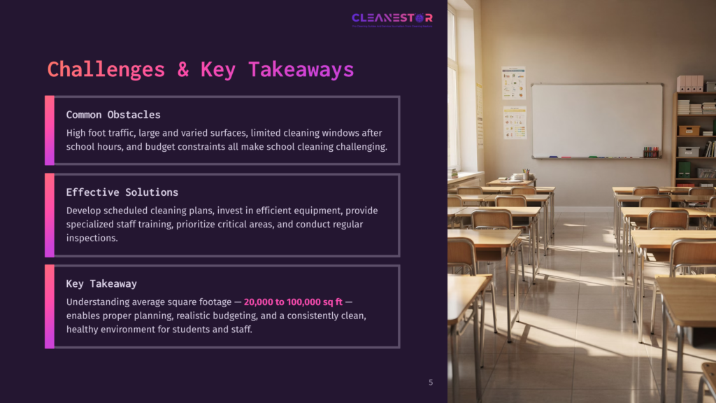 Classroom With Rows Of Empty Wooden Desks And Chairs Facing A Whiteboard. The Image Displays Text About &Quot;Challenges &Amp; Key Takeaways&Quot; For School Cleaning.