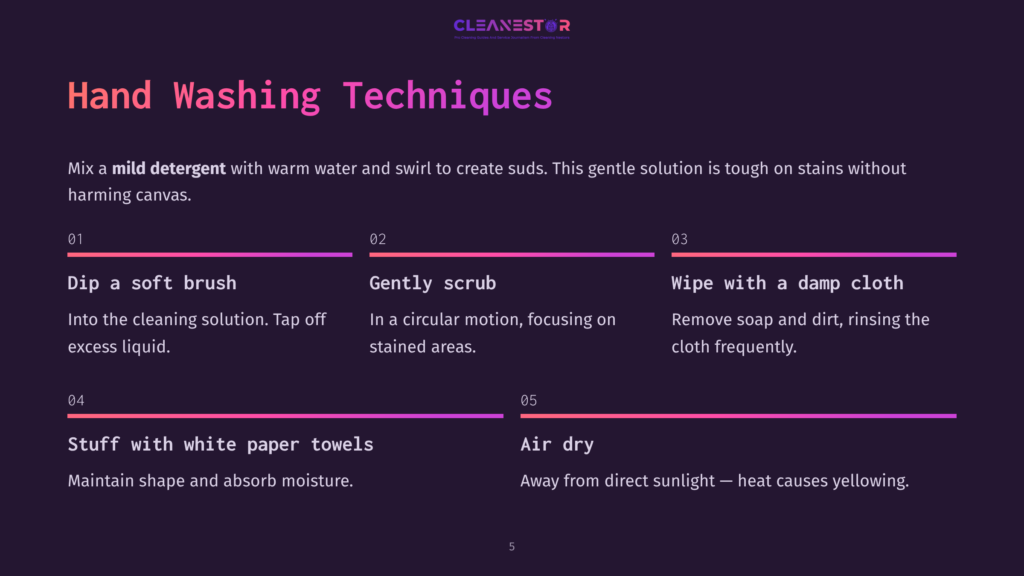 Instructions For Hand Washing Canvas Shoes, Featuring Numbered Steps With White Text On A Dark Background, Highlighting Cleaning Techniques.