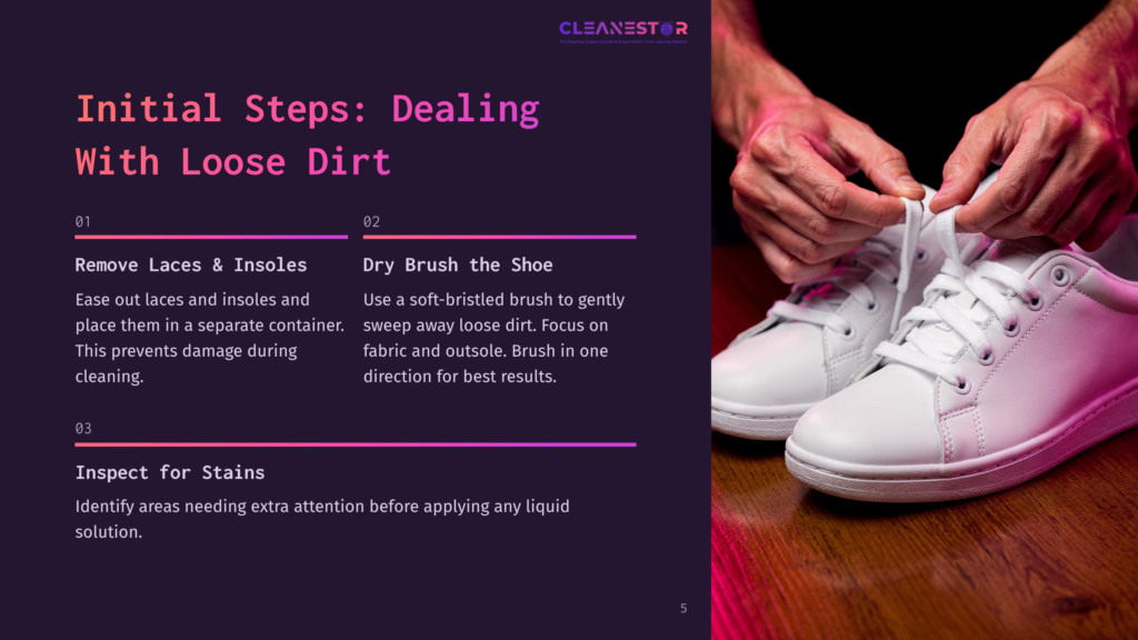 A Person Removing Laces From White Nike Air Max 270 Sneakers On A Purple Background, With Cleaning Steps Listed Beside Them.