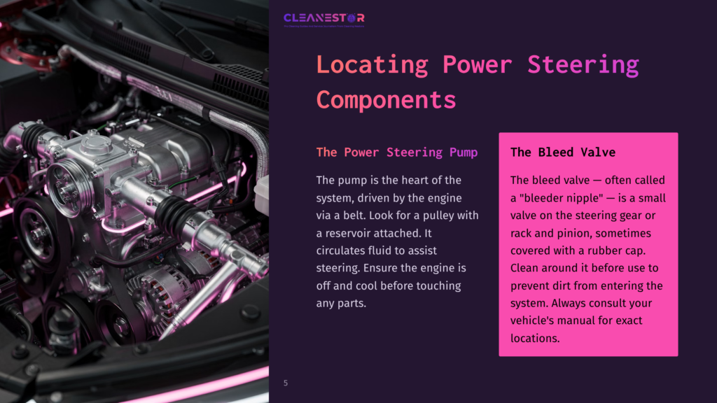 Close-Up Of A Power Steering Pump With Shiny Metal Components And A Reservoir, Highlighting The Bleed Valve Area In A Vehicle Engine.
