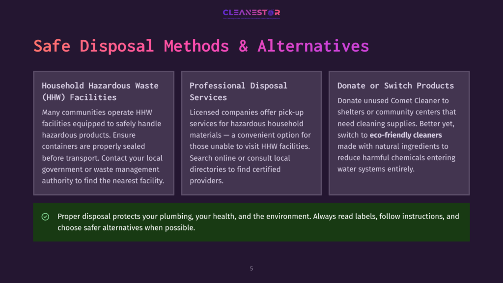 Dark Purple Background With Three Columns Detailing Safe Disposal Methods For Household Hazardous Waste (Hhw), Professional Disposal Services, And Donating Or Switching Products. The Text &Quot;Cleanestor&Quot; Appears At The Top.