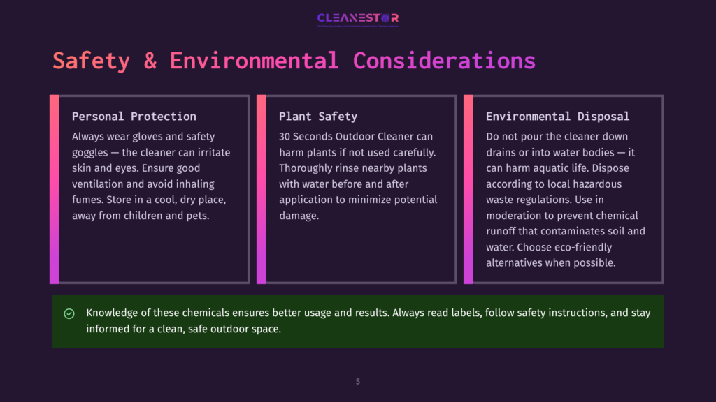 Cleanestor Graphic Detailing Safety And Environmental Considerations For Cleaning Products, Including Personal Protection, Plant Safety, And Environmental Disposal Guidelines.