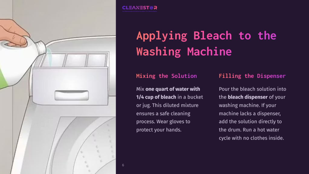 Close-Up Of Washing Machine Detergent Dispenser With Instructions On Mixing Bleach Solution And Filling The Dispenser For Cleaning.
