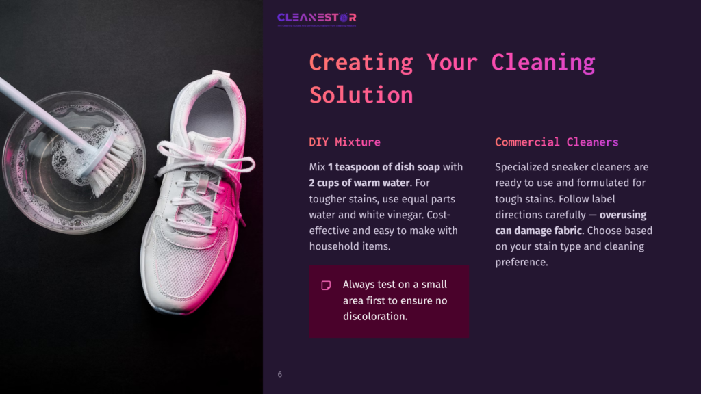 A White Nike Air Max 270 Sneaker Beside A Bowl Of Water, With Cleaning Instructions In Purple Text On A Dark Background.