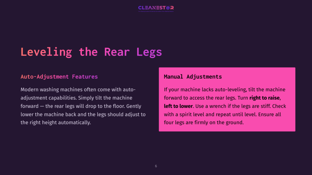 A Purple Background With Pink Text Detailing How To Manually Adjust Washing Machine Legs, Featuring Instructions On Tilting And Leveling.