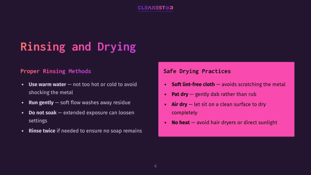 Text On A Dark Background Outlines Rinsing And Drying Methods For Jewelry, Highlighted By A Pink Box Detailing Safe Drying Practices.