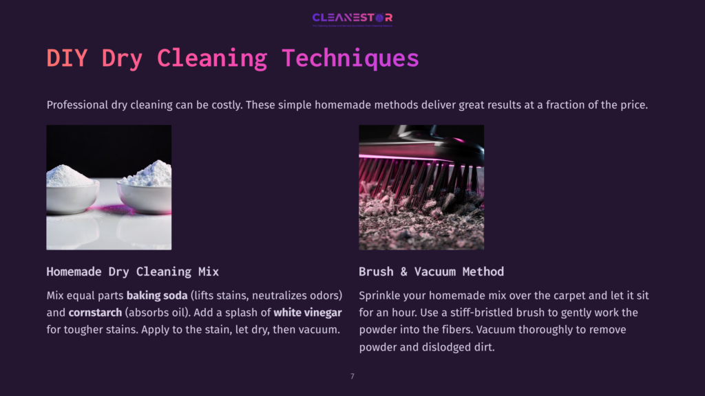 A Split-Screen Graphic Featuring A Bowl With Dry Cleaning Mix And A Brush Vacuuming Carpet Fibers, On A Purple Background.