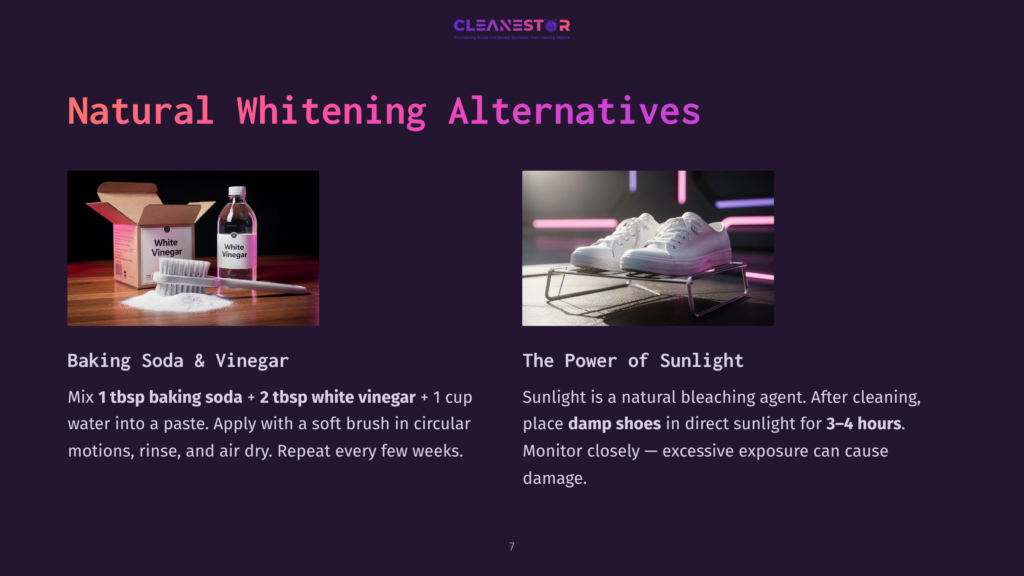 A Bottle Of White Vinegar Next To A Bowl Of Baking Soda And A Pair Of Clean White Canvas Shoes On A Dark Background.