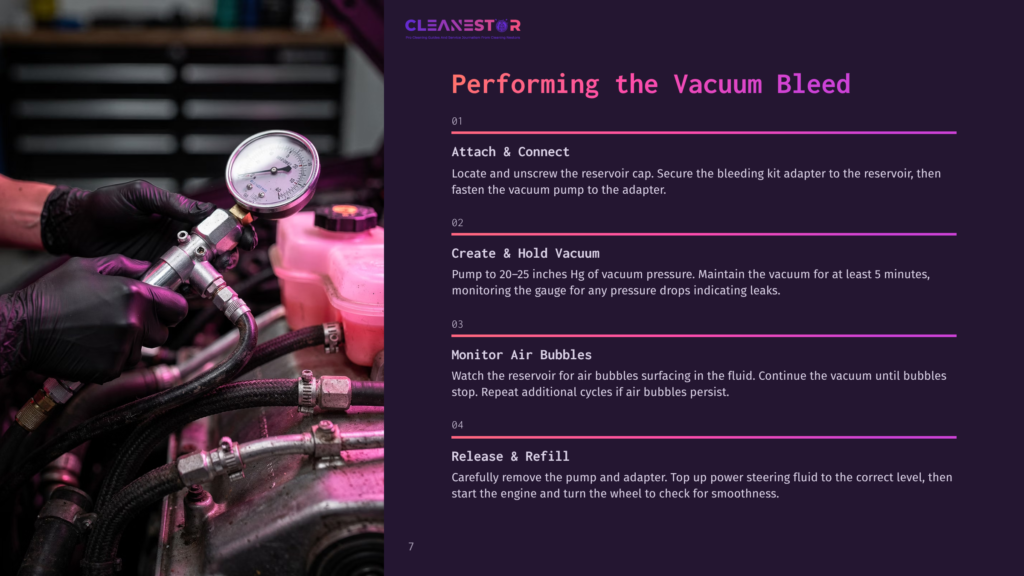 A Close-Up Of A Power Steering System With A Vacuum Gauge, Reservoir, And Adapter; Steps For Bleeding Depicted In A Step-By-Step Format.