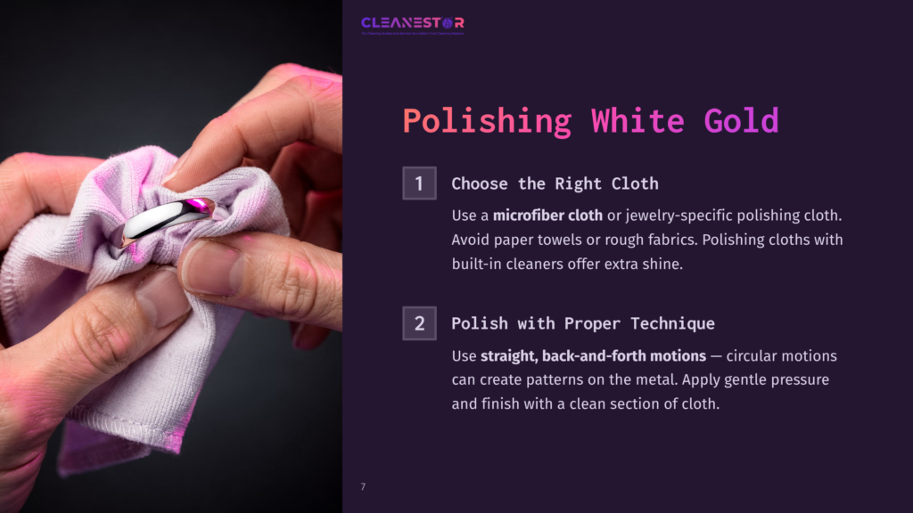 A Hand Holding A Polishing Cloth Against A Shiny White Gold Ring, With Tips On Cleaning Techniques Beside It. Background In Dark Purple.
